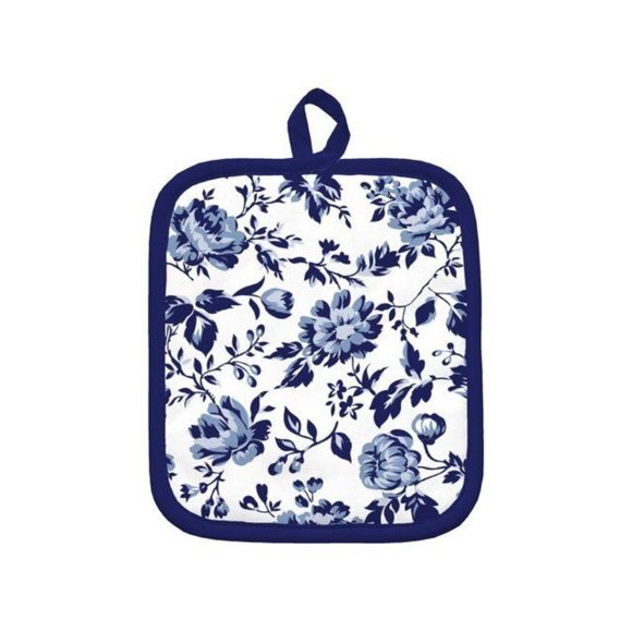 Floral Blooms Kitchen Towel Set 5-Pc Pot Holder Oven Mitt Navy Blue White NEW - Picture 4 of 6